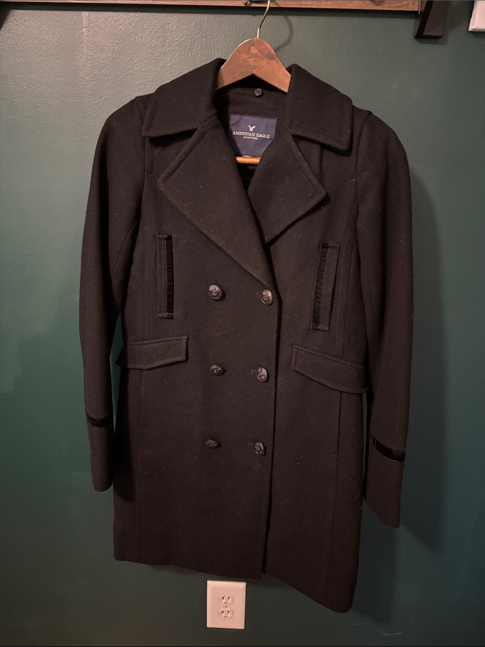 American Eagle Outfitters Black Double-Breasted Wool-Blend Peacoat